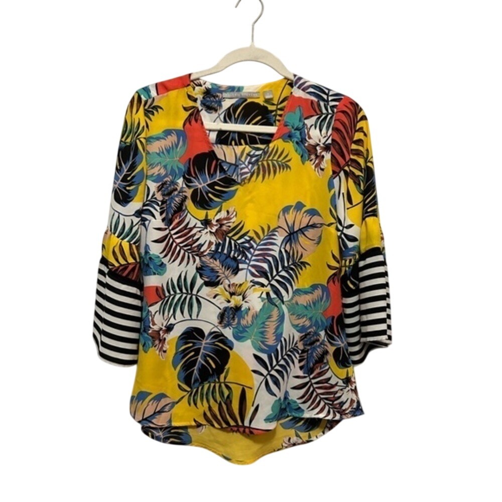 Valerie Stevens Tropical Stripe Boho Top Bell Sleeve Chiffon Blouse‎ Preppy S